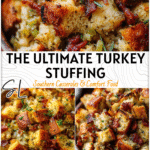 Rustic bowl of buttery classic turkey stuffing homemade with bacon and herbs for Thanksgiving.